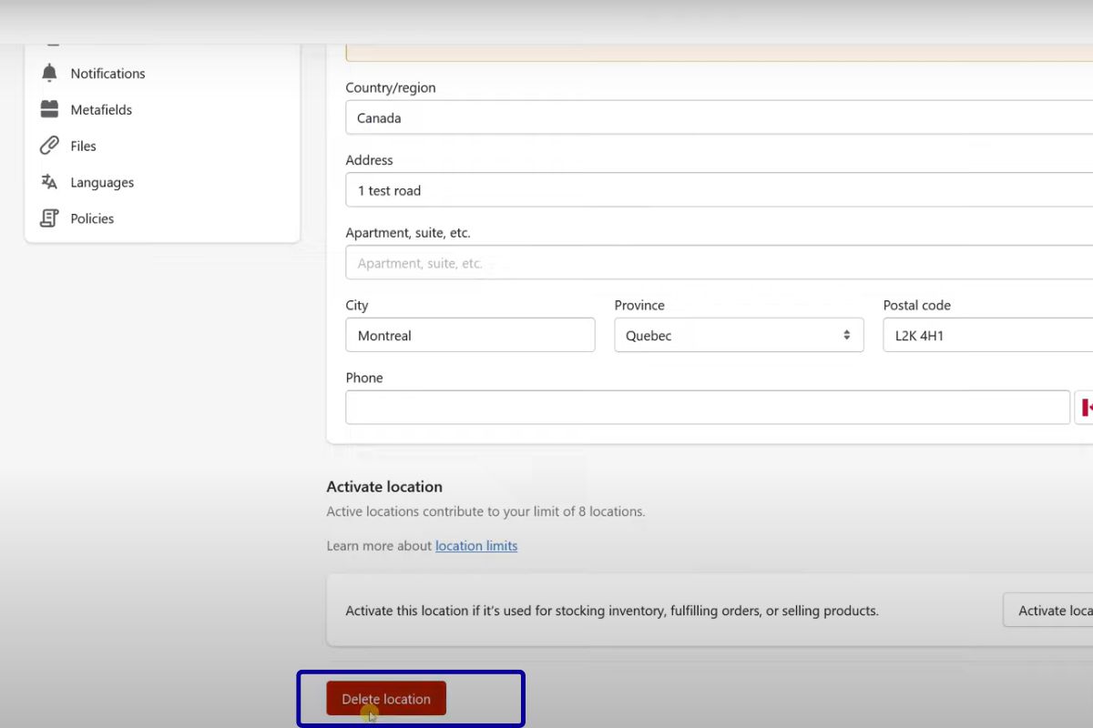 Modify location on Shopify